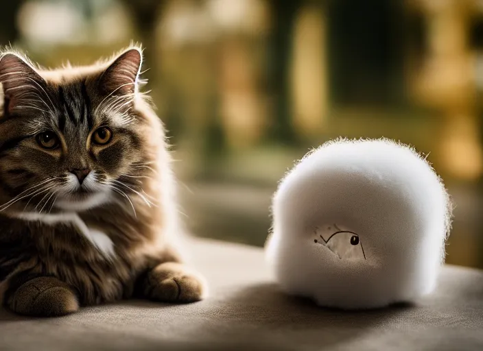 Image similar to 5 5 mm photo of a fluff ball with a cat's face. fantasy magic style. highly detailed 8 k. intricate. lifelike. soft light. sony a 7 r iv 5 5 mm. cinematic post - processing