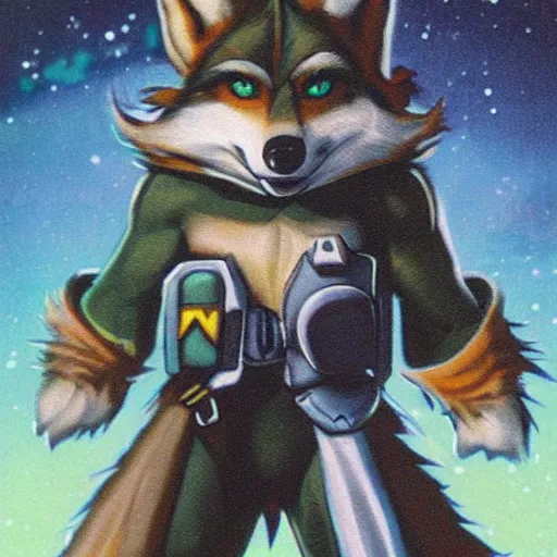 Image similar to 1 9 8 0 s video game art portrait of anthropomorphic wolf o'donnell from starfox fursona furry wolf in a dark space mercenary uniform, looking heroic, magazine scan, 8 0 s game box art, dark grey wolf o'donnell