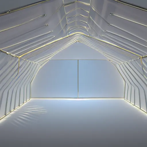 Image similar to an ultra high definition professional studio quality photograph of a transparent iridescent perspex pastel coloured tent on a white plinth in an empty white room. dramatic lighting, ray tracing, refraction, shallow d. o. f, colour corrected, golden ratio, three point light. volumetric shadows. god rays.