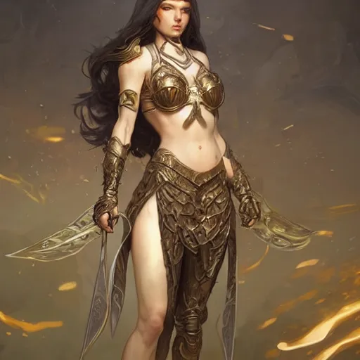 Image similar to fullbody portrait of a fantasy female warrior, intricate, elegant, highly detailed, digital painting, artstation, concept art, matte, sharp focus, illustration, art by Artgerm and Greg Rutkowski and Alphonse Mucha