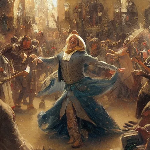 Image similar to an elated medieval chancellor, dancing a jig, character portrait by greg rutkowski, gaston bussiere, craig mullins