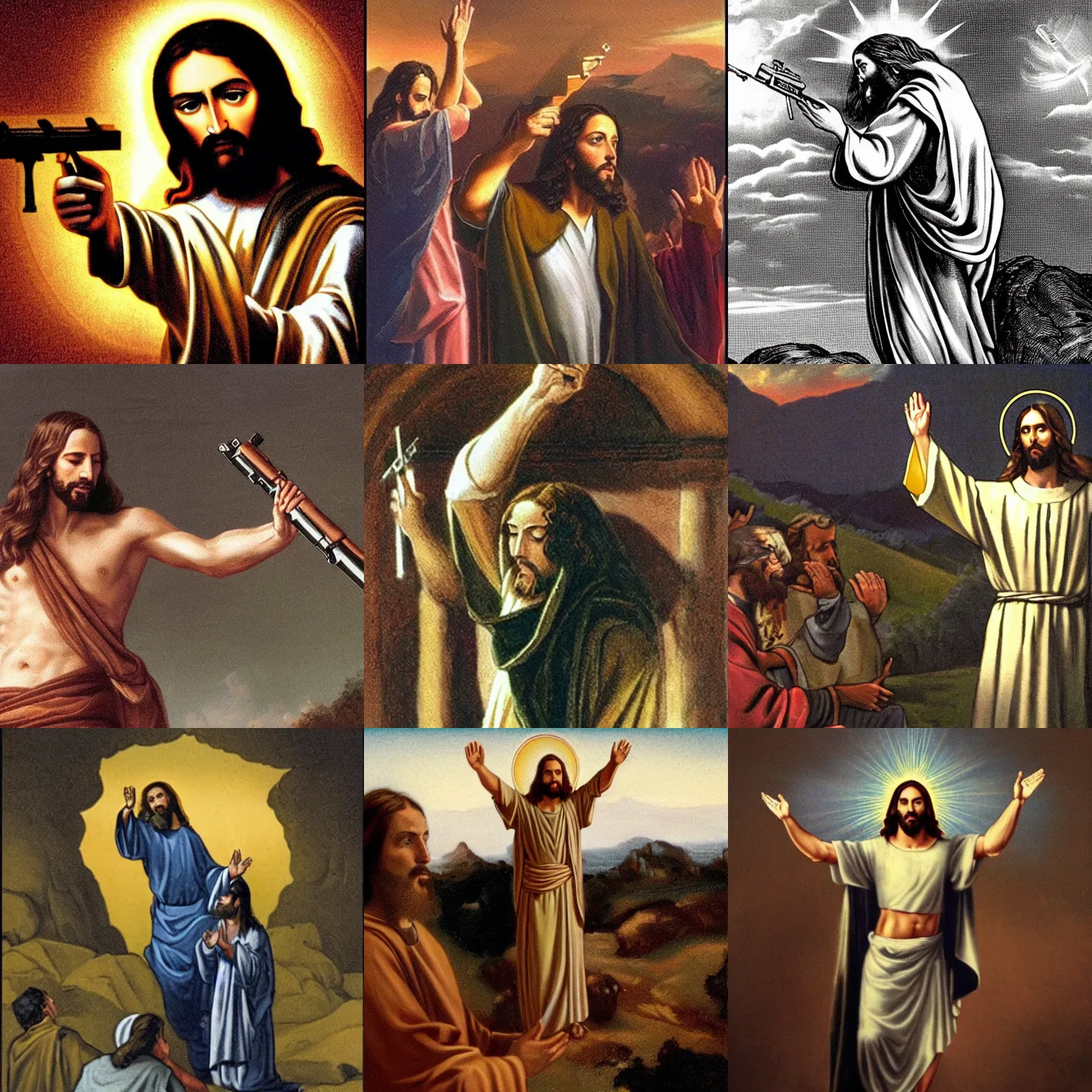 Prompt: Jesus praising THE GUN