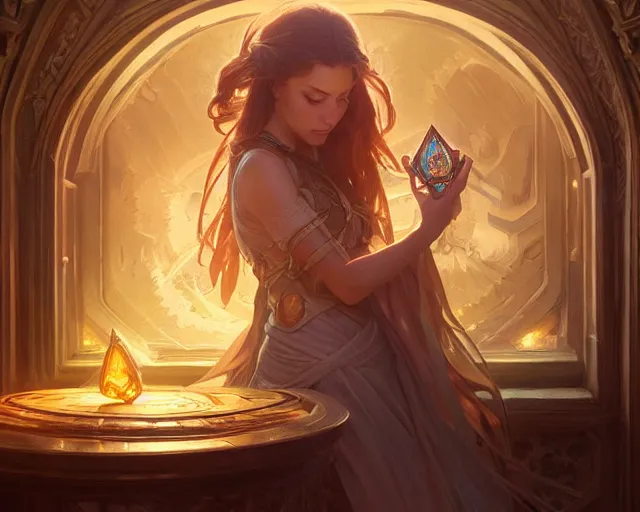 Image similar to shop interior magical items, deep focus, d & d, fantasy, intricate, elegant, highly detailed, digital painting, artstation, concept art, matte, sharp focus, illustration, hearthstone, art by artgerm and greg rutkowski and alphonse mucha