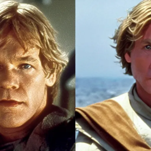 Prompt: patrick stewart with wavy blond hair as luke skywalker on tatooine