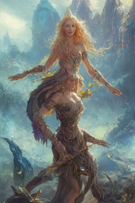 Image similar to lisa kudrow, mushroom kingdom, fantasy character portrait, concept art, sorceress, magical aura, bright, interesting angle, intricate details, highly detailed by greg rutkowski, gaston bussiere, simon bisley