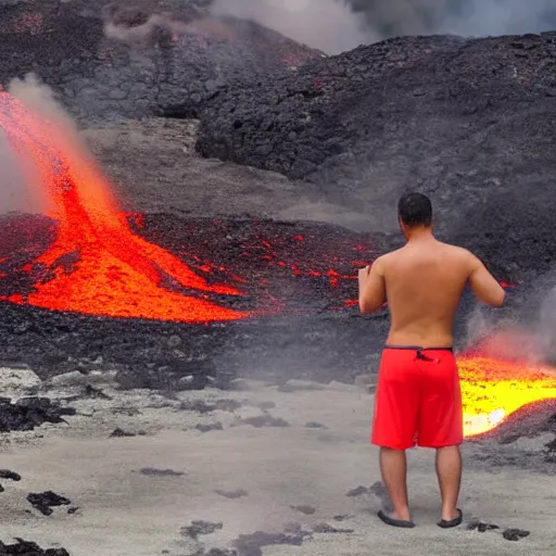 Image similar to man in a swimsuit sunbathing under an umbrella on a volcano with magma eruptions and lava flowing, steam and smoke from smoldering rocks