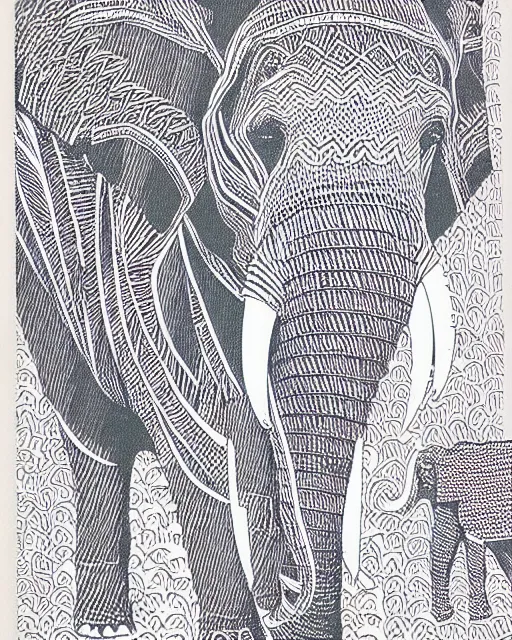 Prompt: rearing elephant design covered in missoni patterns, isolated on white, risograph