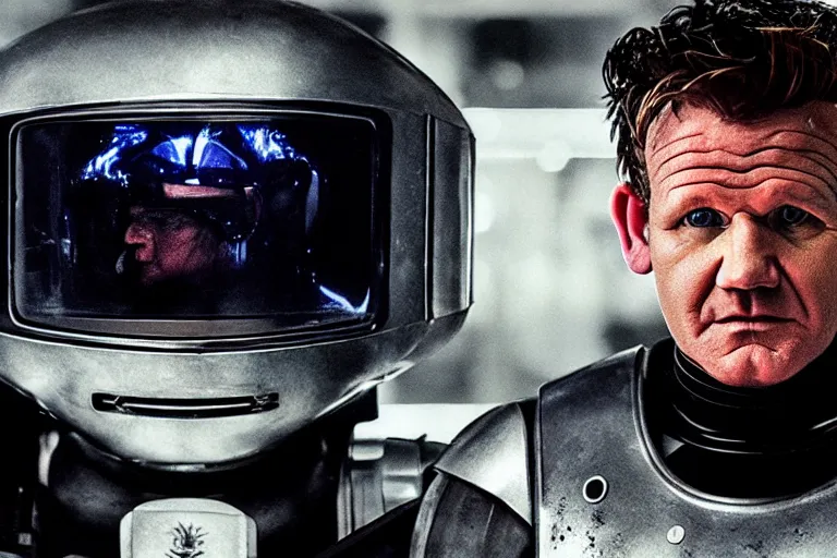 Prompt: a cinematic painting of gordon ramsay as robocop, cinematic lighting, high depth, ultra realistic, artistic, by annie leibovitz and greg rutowski