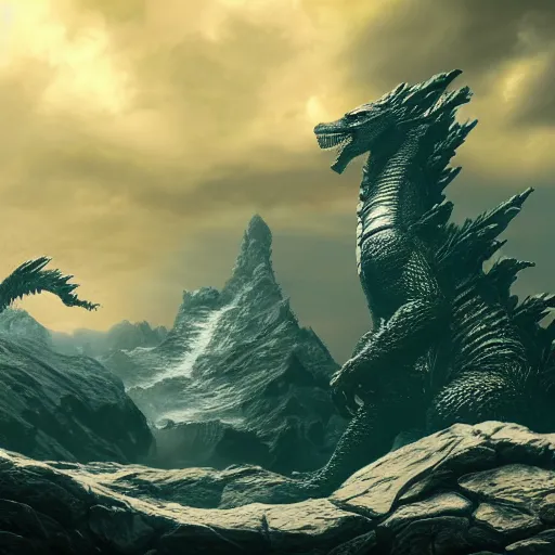 Image similar to ghidorah, majestic, breathtaking, lightining in background, ultrafine hyperrealistic detailed illustration by kim jung gi, irakli nadar, intricate linework, sharp focus, bright colors, matte, movie still from godzilla king of monsters, final fantasy, unreal engine highly rendered, 8 k, global illumination, radiant light, intricate environment