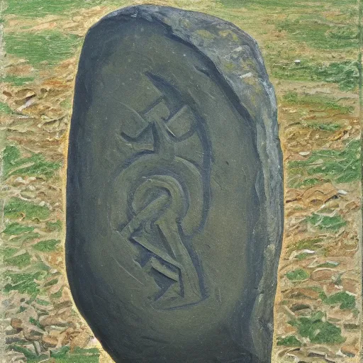 Prompt: runestone, monument, megalithic, oil painting