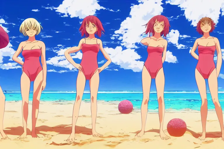 Image similar to cell shaded anime key visual of group of girls in swimsuits on a tropical beach with large crystals in the sand in the style of studio ghibli, moebius, makoto shinkai, dramatic lighting