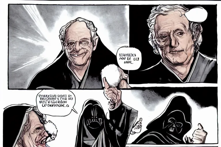 Prompt: palpatine senator holding anakin for the jedi order to chew on until he becomes darth vader and destroys the jedi order