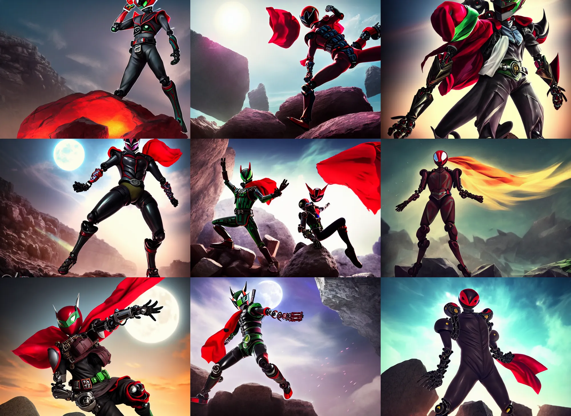 Prompt: Kamen Rider with a red scarf billowing behind him standing in a rock quarry doing a side kick, full body single character, League of Legends Character Splash Art, rubber suit, biomechanical, Arcane style, good value control, high quality, 4k, ultra realistic, highly detailed, illustration, matte painting, rule of thirds, centered, cinematography, moonlit night,