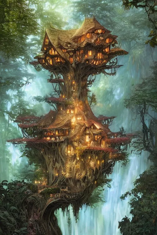 Image similar to a beautiful digital painting of an enormous fairy treehouse, crystal waterfall by greg rutkowski, gerald brom, marc simonetti, jean - baptiste monge, and alphonse mucha, symmetry, complementary colors, ink illustration, trending on artstation