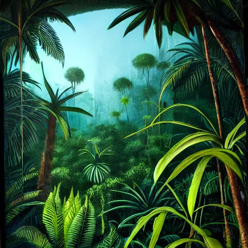 Image similar to « detailed, jungle with low luminosity, far view, luminescent plants »