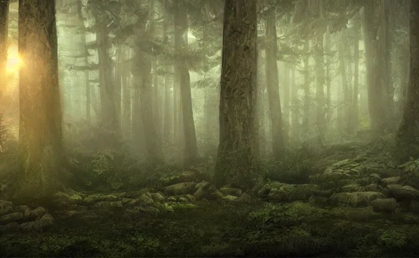 Prompt: incredible interior artwork shot of a wooden druid's temple in the forest, dusk, light fog, digital art, 4k