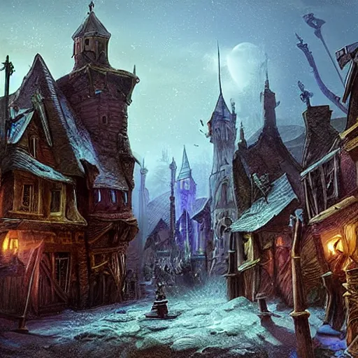 Image similar to fantasy town, barricaded! streets, night watch, ( ( ruins ) )