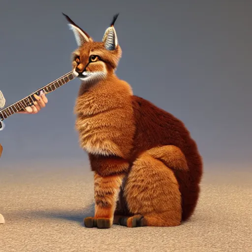 Image similar to cute fluffy caracal playing fluffy guitar, fully detailed, high quality , 4k , octane render , soft light , masterpiece