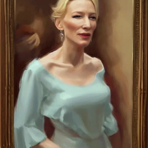 Image similar to cate blanchett in low-cut blouse in front of a mirror, painting by Vladimir Volegov