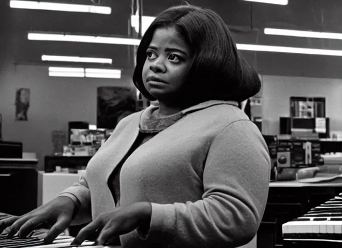 Prompt: cinematic shot of octavia spencer in an small used electronics store hands on an old electronic keyboard, iconic scene from the paranoid thriller sci fi film directed by stanley kubrick, anamorphic cinematography, beautiful composition, color theory, leading lines, photorealistic, moody volumetric light