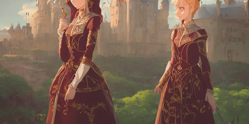 Image similar to portrait of elegant runette as a medieval royalty, medieval castle background, shallow focus, rich vivid colors, ambient lighting, dynamic lighting, 4k, official media, anime key visual, makoto shinkai, ilya kuvshinov, lois van baarle, rossdraws, detailed, trending on artstation