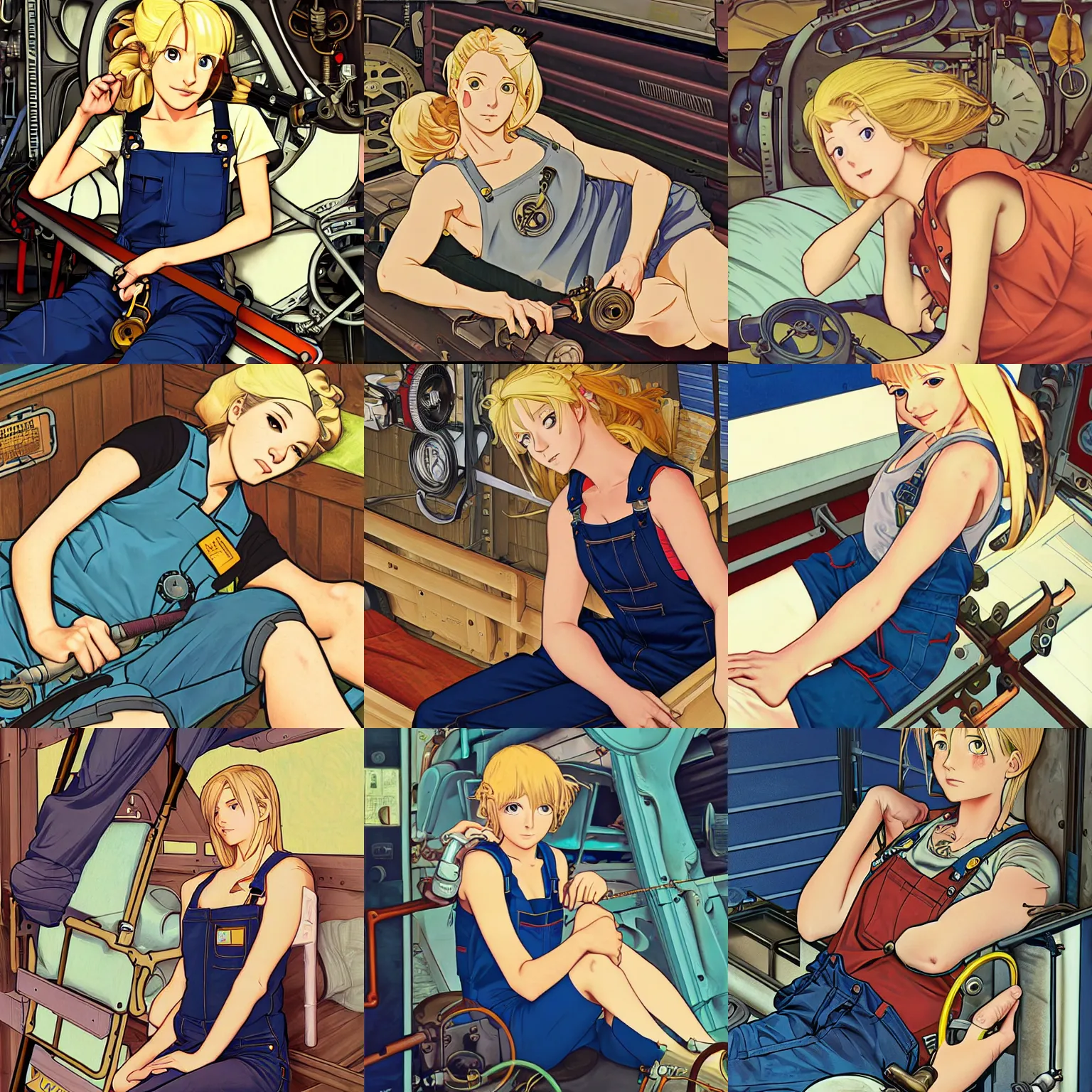 Prompt: Portrait of a mechanic resting in her cramped bunk, blonde, tank top, overalls, steampunk, beautiful face, highly detailed, cel shading, digital painting, anime key visual, artwork by Hayao Miyazaki and Alphonse Mucha and Ilya Kuvshinov