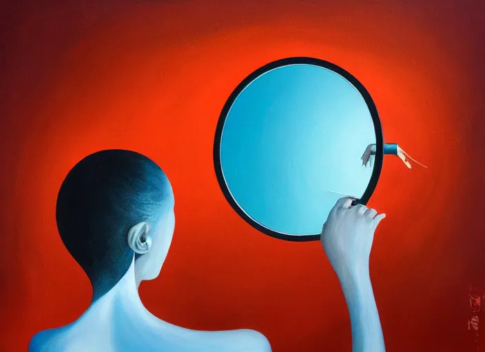 Prompt: a painting of a person looking in a mirror, a surrealist painting by Taro Okamoto, behance contest winner, pop surrealism, surrealist, cosmic horror, biomorphic