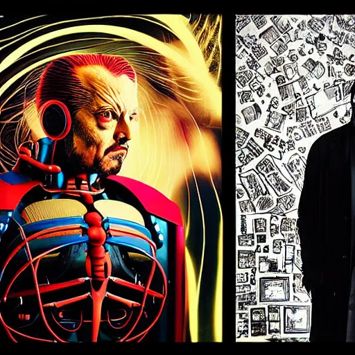 Prompt: studio portrait of ai professor, avantgarde photo portrait of ai artist by yuko shimizu, epic movie still frame of mr sinister, mcu nathaniel essex mr sinister by rembrandt