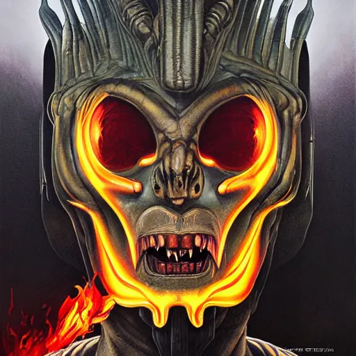 Image similar to doom demon giger portrait, fire and flame, Pixar style, by Tristan Eaton Stanley Artgerm and Tom Bagshaw.