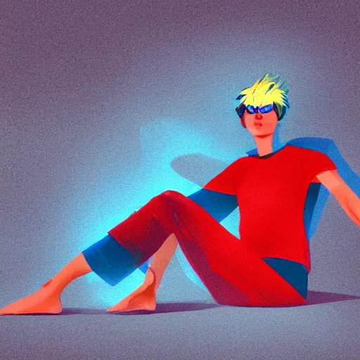 Prompt: an androgynous person with red and blue gradient hair, floating in a black void, relaxed with their legs crossed. digital art, trending on art station, award winning