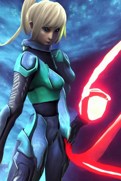 Image similar to an in game portrait of zero suit samus from skyrim, skyrim art style.