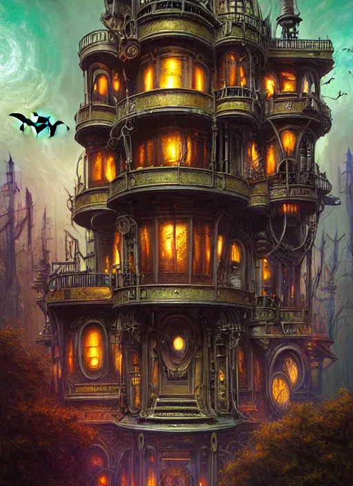 Prompt: hyper detailed ultra sharp of a steampunk sci - fi haunted halloween megastructure house trending on artstation, warpaint aesthetic, earthwave, colorful, psychedelic, ornate, intricate, digital painting, concept art, smooth, sharp focus, illustration, art by artgerm and greg rutkowski and h. r. giger, 8 k