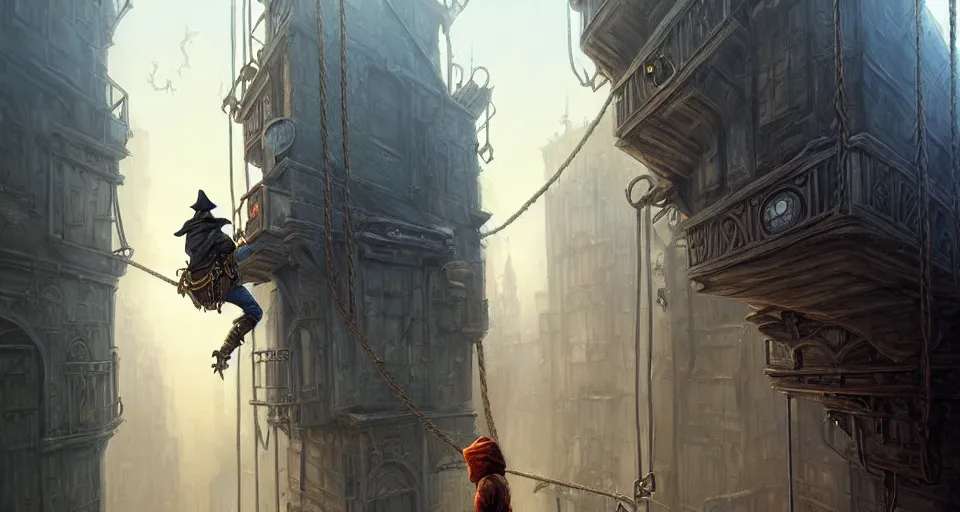 Image similar to landscape painting of a hooded thief in leathers using a rope to climb a tall metal steampunk buildings within a fantasy city with bridges, fine details, andreas rocha, magali villeneuve, artgerm, rutkowski