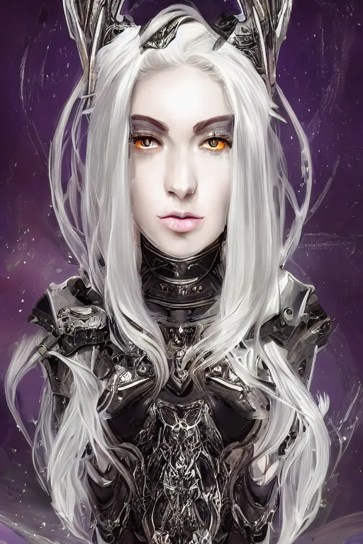 Image similar to portrait evilly white hair knights of Zodiac girl, metalic deep purple and black reflected armor, in ruined Agora of Athens thunder sparkling flash night, ssci-fi and fantasy and intricate and very very beautiful and elegant, highly detailed, digital painting, artstation, concept art, smooth and sharp focus, illustration, art by tian zi and WLOP and alphonse mucha