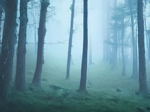 Prompt: a misty forest, futuresynth design, dark purple color scheme, 4 k