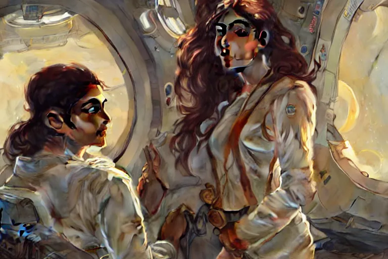 Image similar to Sensual good looking pale young Indian doctors wearing jeans in a space station above Earth, portrait, elegant, intricate, digital painting, artstation, concept art, smooth, sharp focus, illustration, art by artgerm and greg rutkowski and alphonse mucha