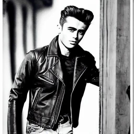 Prompt: genetic mixture of james dean and sean connery. rockabilly, rebel, beatnik, tough guy, pompadour, leather jacket.