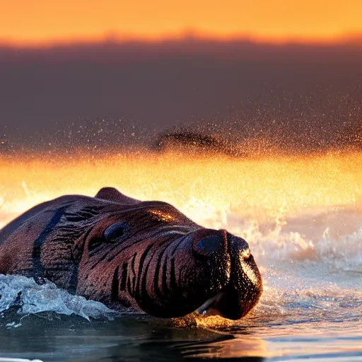Image similar to a closeup photorealistic photograph of a cute smiling knitted tiger hippopotamus splashing after beachballs during sunset. surf in background. professional capture. this 4 k hd image is trending on artstation, featured on behance, well - rendered, extra crisp, features intricate detail, epic composition and the style of unreal engine.