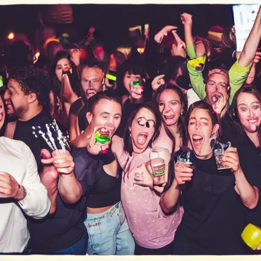 Prompt: a bunch of people in a crazy party drinking nothing but lemonade.