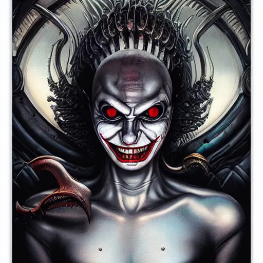 Image similar to lofi giger joker portrait, Pixar style, by Tristan Eaton Stanley Artgerm and Tom Bagshaw.