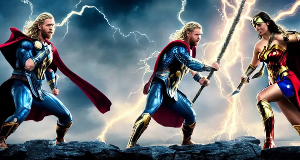 Image similar to thor, vs., wonder woman, cinematic movie scene, epic fight, blue lightning, yellow lightning, photo