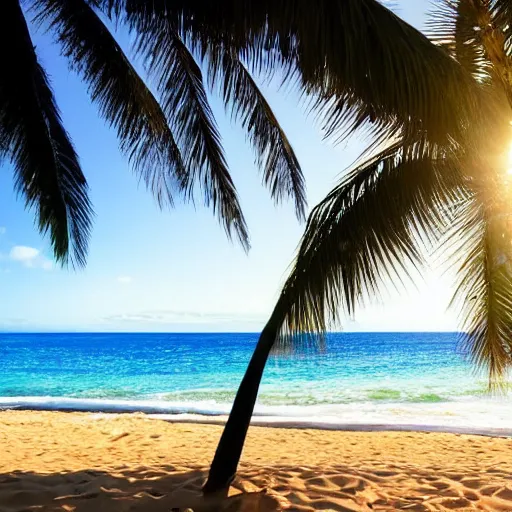 Image similar to a quiet beach in hawaii, pristine, waves, palm trees, sun in the sky, photography