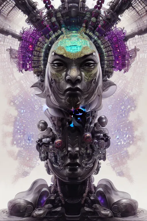 Image similar to asura from chinese myth, ghost, gorgeous and huge head ornaments, dystopian, cyberpunk, organic fractal mycelum and fungi, mecha, halfturn portrait of a big crystal face made of crystals half - turn, ominous, intricate, studio, art by anthony macbain + greg rutkowski + alphonse mucha, concept art, 4 k, sharp focus