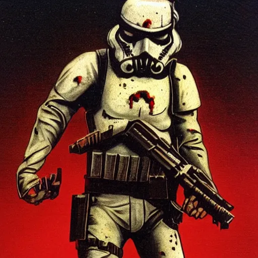 Prompt: zombie stormtrooper, 1 9 7 0 s scifi art