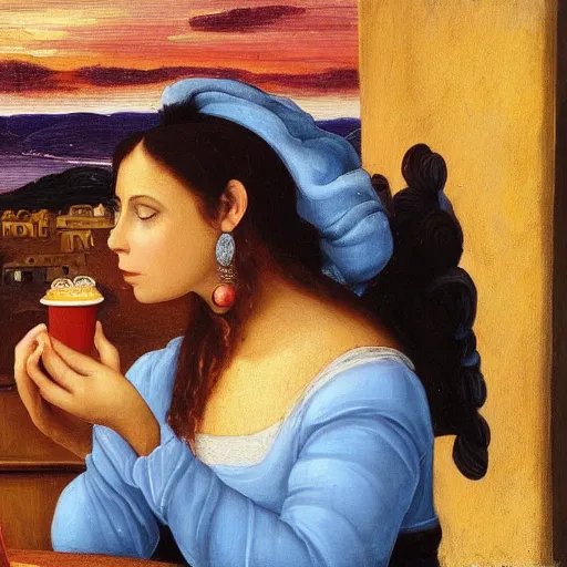 Prompt: A beautiful Jewish-Mexican woman peacefully sips a soda at a café at sunset with a plate of beignets before her, Renaissance oil painting