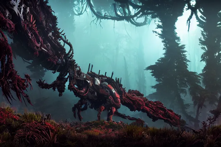 Image similar to wide epic shot from horizon forbidden west. a hyper detailed organic mechanic creatuve realistic similar look as horizon forbidden west horizon zero dawn, bioluminiscence in a dark deep forest at dawn in spring, with reflection and textures, by kilian eng, substance painter reaslitic mech surface metal painted scratches, world env from horizon forbidden west horizon zero dawn