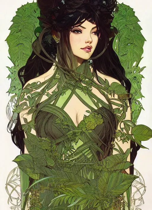 Image similar to jungle queen, armor made of leaves and vines, green, black hair, brown skin, high fantasy, dnd, smooth, sharp focus, illustration, by rossdraws, alphonse mucha, frank fanzzeta