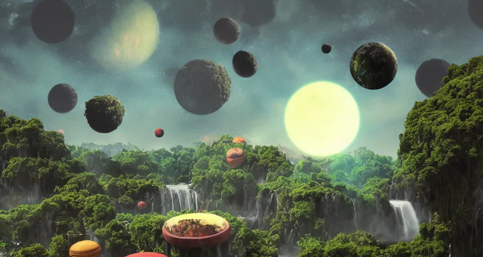 Image similar to planet overgrown with wax moon and visible cheese planets in the sky, waterfalls, hanging houses and floating mountains, rectilinear, barometric projection, dutch angle from space view, concept art, high detail, intimidating, deep rich colors, iridescent radiance, epic scale ultrawide angle, stunning, epic, cinematic, Artstation trending, octane render, hyperrealistic, Cryengine 8k UHD