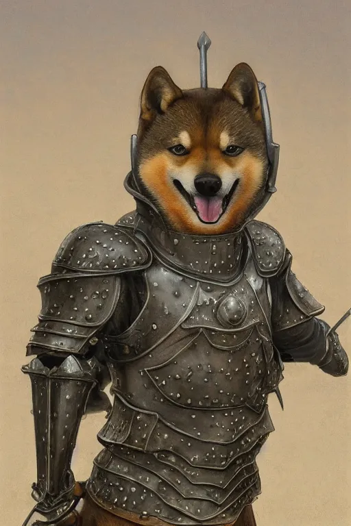 Prompt: a detailed matte portrait of an anthropomorphic shiba inu in steel plate armor, shiba inu face, very large longsword leaning against the side of a tavern, city streets, masterpiece, 8 k, art by donato giancola and greg rutkowski and wayne barlow and zdzisław beksinski