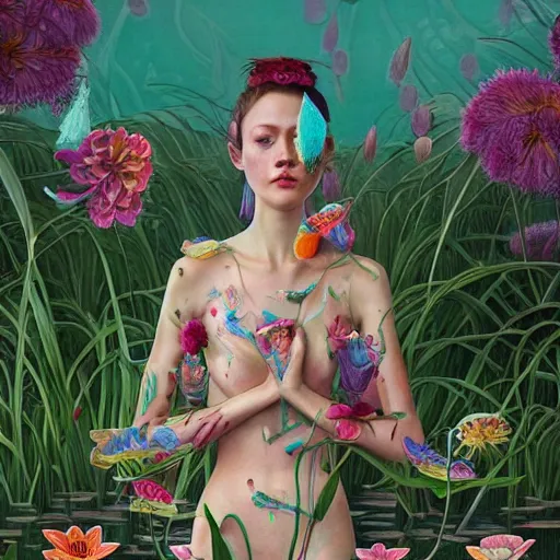 Image similar to pretty model with water lillies : : by martine johanna and simon stalenhag and chie yoshii and casey weldon and wlop : : ornate, dynamic, particulate, rich colors, intricate, elegant, highly detailed, vogue, harper's bazaar art, fashion magazine, smooth, sharp focus, 8 k, octane render